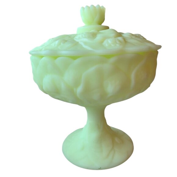 Fenton Lidded Uranium Glass Compote Dish With Water Lily  Motif - Picture 11 of 16